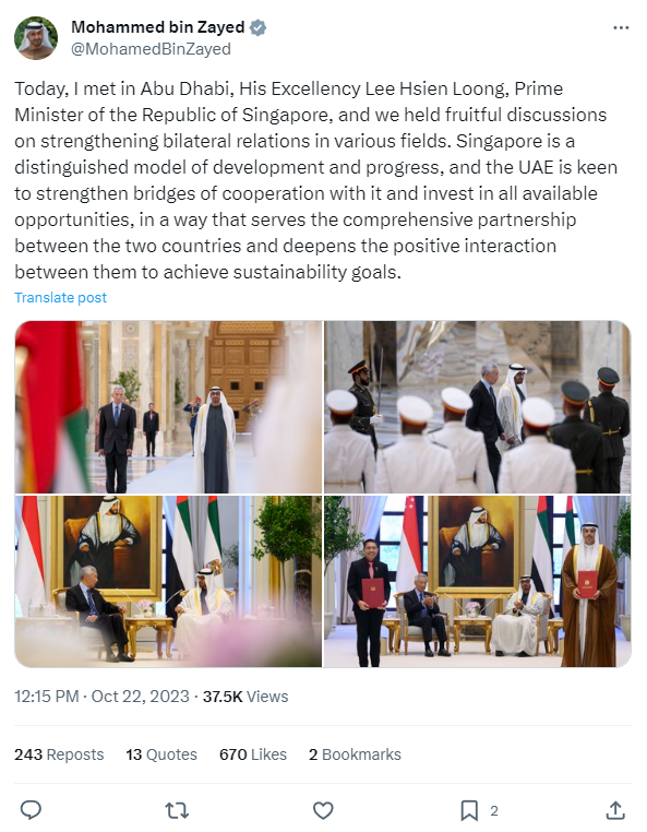 President of UAE posted on his X account that this visit is filled with fruitful discussions in order to strengthen the bilateral relations.