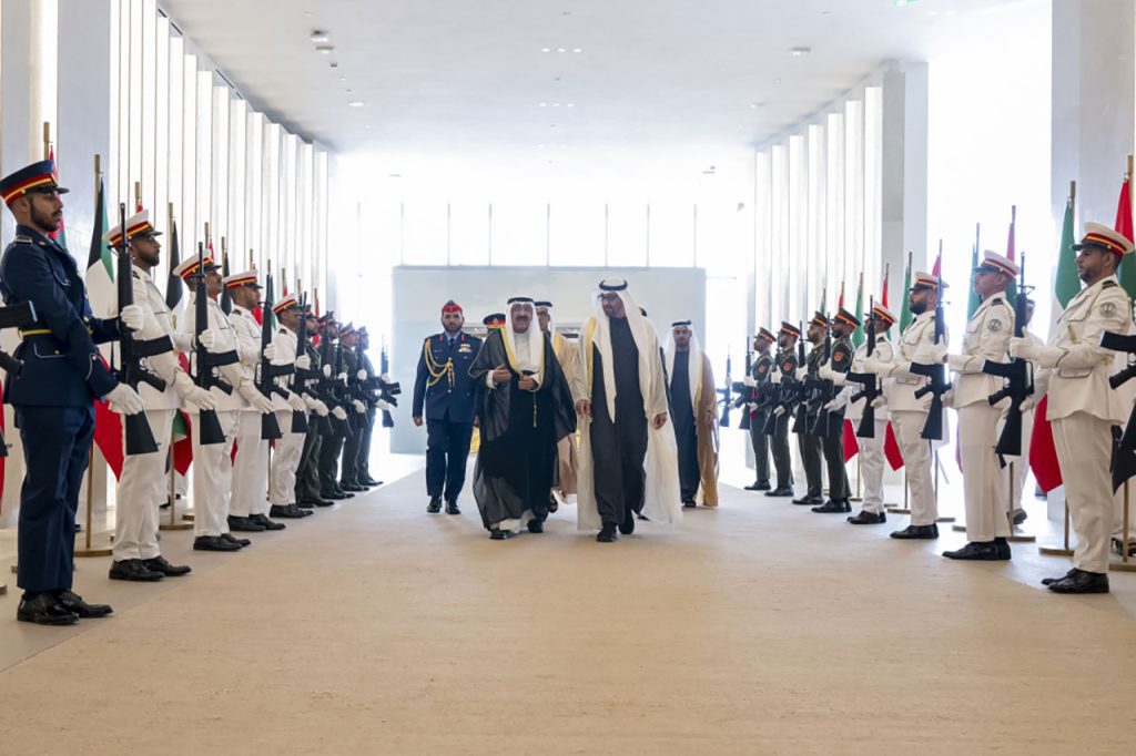 His Highness Sheikh Mohamed bin Zayed Al Nahyan, President of the UAE, and his brother, His Highness Sheikh Mishal Al-Ahmad Al-Jaber Al-Sabah, Emir of Kuwait.